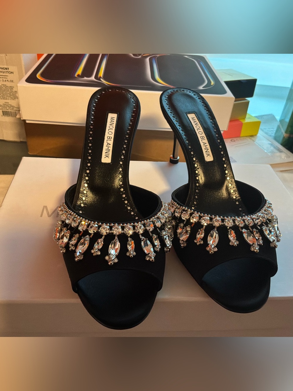 Manolo Blahnik Black Crystal-Embellished Open-Toe Heeled Mules